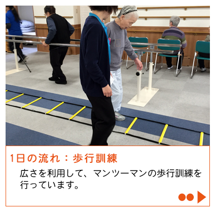 悠悠いきいき倶楽部高畑、歩行訓練　広さを利用して、マンツーマンの歩行訓練を行っています。