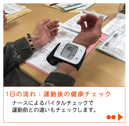 悠悠いきいき倶楽部高畑、運動後の健康チェック　ナースによるバイタルチェックで、運動前との違いもチェックします。